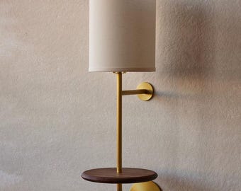 Gustav Wall Sconce with Shelf – Mid-Century Brass Walnut Bedside Lamp
