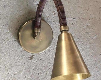 Leather & Brass Wall Sconce: Mid-Century Modern Bedside Lamp, Handcrafted Lighting