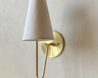 Handmade Brass Scoop Sconce • Linen Shade Wall Light, Bathroom Vanity Lamp