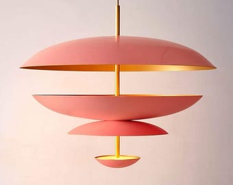 1950's Mid Century Pink Brass Chandelier Pendant Light Fixture