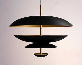 1950s Mid Century Modern Brass Chandelier: Cosmic Pendant Duo Fixture