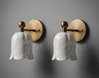 Handmade Mid Century Modern Brass Ruffle Alabaster Flower Shade Wall Sconce Marble Wall Light Scandinavian Lighting Fixture Art Deco Lamp