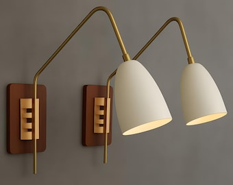 Mid Century Modern Brass Walnut Wall Sconce, Adjustable Cone Shade Lighting Pair