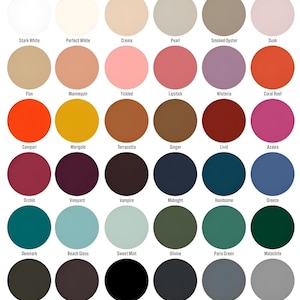 May include: A color palette featuring 36 circular paint swatches. Colors range from Stark White to Dove, including shades like Campari, Midnight, and Paris Green. Each swatch is labeled with its respective color name, providing a comprehensive color selection.
