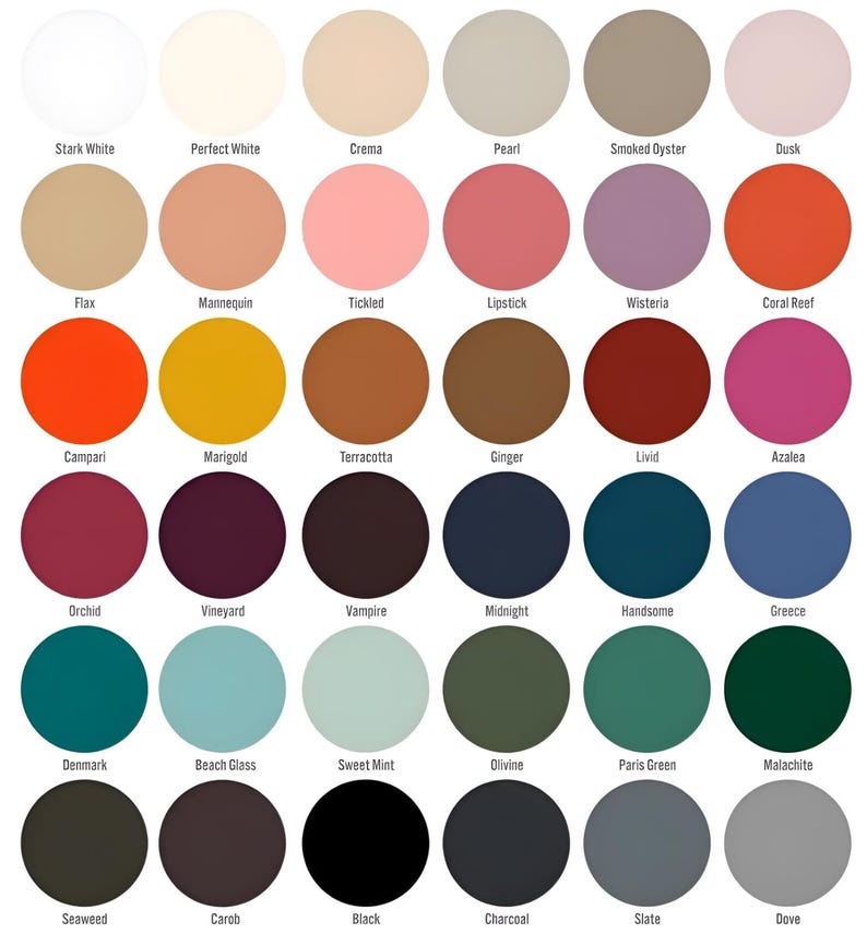May include: A color palette featuring 36 circular paint swatches. Colors range from Stark White to Dove, including shades like Campari, Midnight, and Paris Green. Each swatch is labeled with its respective color name, providing a comprehensive color selection.