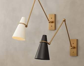 Mid Century Modern Brass Adjustable Arm Wall Sconce Swing Arm Cone Shade Wall Lamp Articulated Wall Reading Light Bedside Lamp sputnik Lamp
