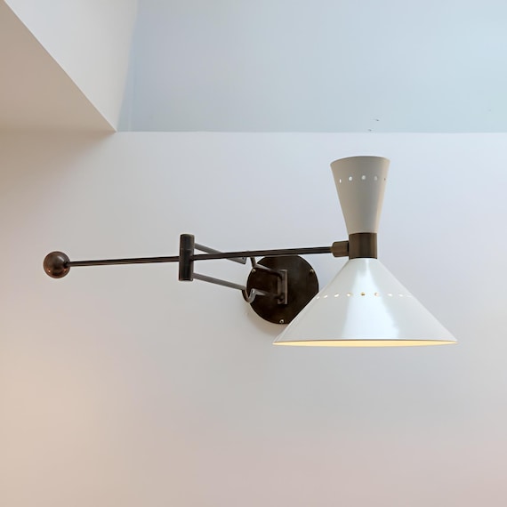 1950s Italian Mid-Century Modern Swing Arm Wall Lamp – Brass, White Metal Shade