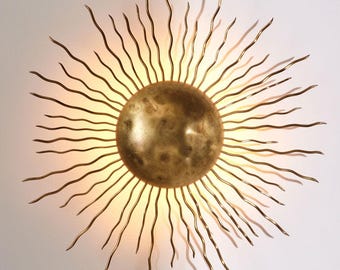 1920 Mid Century Brass Sunburst Ceiling Light Sculptural Flush Mount Fixture 3 Light Modern Raw Brass Pendant Sputnik Ceiling Flush Mount.