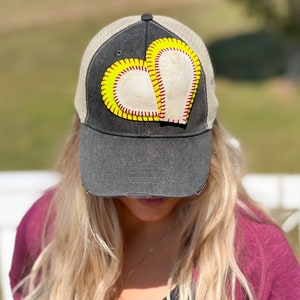 Baseball & Softball Hat, Heart Patch for Cap, Softball Mom Hat, Baseball Mom Hat, Distressed Trucker Cap for Women, Vintage Washed Hat