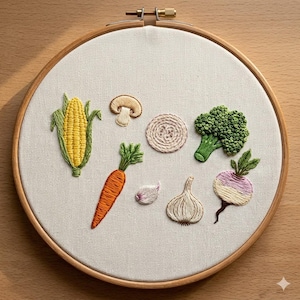 Pode incluir: Bordado em bastidor com vegetais: milho, cogumelo, cebola, brócolos, cenoura, alho e nabo. Os vegetais coloridos são bordados com detalhes em tecido neutro, emoldurados num bastidor de madeira.