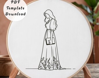Elegant Woman with Bible Hand Embroidery Pattern, Minimalist Christian Religious Line Art Design for Beginner, DIY Scripture Hoop Art Gift