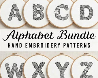Floral Alphabets Hand Embroidery Pattern Bundle, Daisy Alphabet Letters Digital Download PDF Files, Botanical Embroidery Design for Beginner