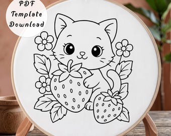 Strawberry Cat Hand Embroidery Pattern, Minimalist Cute Kitten Berry Line Art Design for Beginner, DIY Cartoon Nursery Hoop Art Decor Gift