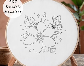Plumeria Flower Hand Embroidery Pattern, Minimalist Butterfly Frangipani Line Art