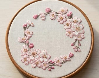 Cherry Wreath Hand Embroidery Pattern, Cherry Blossom Embroidery Design, Flowers Embroidery Art Template, Digital Download
