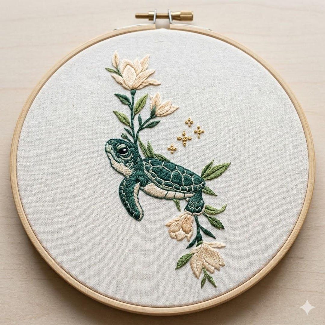 Floral Turtle Hand Embroidery Pattern, Sea Turtle Embroidery Design ...