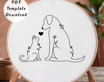 Dog and Cat Love Hand Embroidery Pattern, Minimalist Pet Flower Line Art Design for Beginner, DIY Botanical Friendship Hoop Art Gift