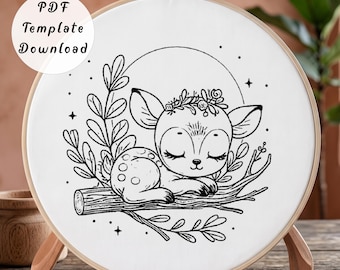 Sleeping Fawn Hand Embroidery Pattern, Minimalist Woodland Baby Deer Line Art Design for Beginner, DIY Celestial Nursery Cute Hoop Art Gift