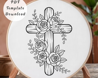 Floral Cross Hand Embroidery Pattern, Minimalist Wooden Crucifix Rose Line Art Design for Beginner, DIY Christian Hoop Art Decor Gift