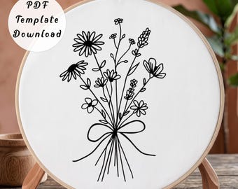 Wildflower Bouquet Hand Embroidery Pattern, Minimalist Daisy Lavender Floral Line Art Design for Beginner, DIY Botanical Bunch Hoop Art Gift