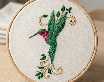 Hummingbird and Vines Hand Embroidery Pattern, Botanical Hummingbird Embroidery Design, Brid DIY Embroidery Art Template, Digital Download