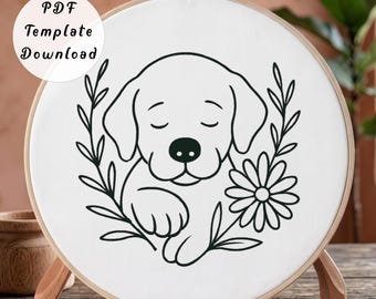 Sleeping Puppy Dog Hand Embroidery Pattern, Cute Golden Retriever Daisy Line Art Design for Beginner, DIY Nursery Floral Hoop Art Gift