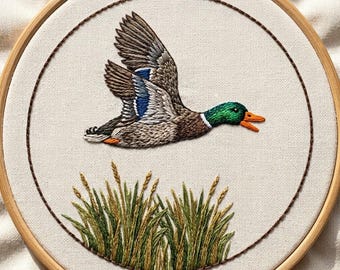 Mallard Duck Hand Embroidery Pattern, Flying Mallard Duck Embroidery Design, Bird Embroidery Art Template, Digital Download