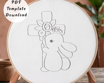 Easter Bunny Cross Hand Embroidery Pattern, Minimalist Cute Rabbit Floral Line Art Design for Beginner, DIY Religious Nursery Hoop Art Gift