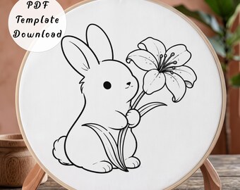 Cute Bunny with Lily Hand Embroidery Pattern, Minimalist Cartoon Rabbit Floral Line Art Design for Beginner, DIY Nursery Spring Hoop Art