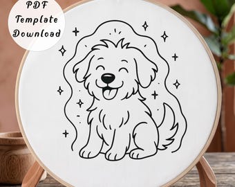 Happy Fluffy Puppy Hand Embroidery Pattern, Minimalist Cute Cartoon Dog Line Art Design for Beginner, DIY Nursery Sparkle Hoop Art Gift