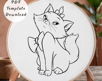 Sassy White Cat Hand Embroidery Pattern, Minimalist Cartoon Kitten Bow Line Art Design for Beginner, DIY Nursery Feline Hoop Art Decor Gift