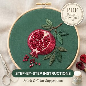 Handbroderimönster med granatäpplefrukt i PDF-format / Botanisk grendesign med röda rubinfrö / Mörkgrön tygbågekonst / Digital nedladdning