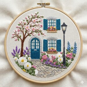 May include: Embroidered hoop art featuring a quaint cottage scene. The design includes a blue door and shutters, a flowering tree, and a cobblestone path. The artwork is framed in a wooden hoop and adorned with various colorful flowers.