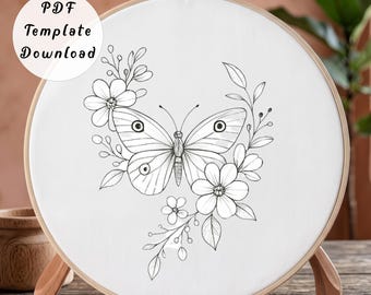 Butterfly Hand Embroidery Pattern / Instant Download Tutorial / Minimalist Floral Design / Butterfly Hoop Art Modern Flower Line Art Gift