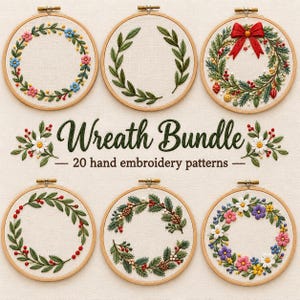May include: Six circular wooden embroidery hoops containing various floral and botanical wreath designs on fabric. The text Wreath Bundle 20 hand embroidery patterns is centered between the top and bottom rows of hoops on the light fabric background.