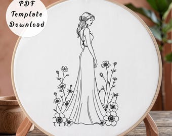 Elegant Woman in Gown Hand Embroidery Pattern, Minimalist Wildflower Botanical Girl Line Art Design for Beginner, DIY Bride Dress Hoop Art