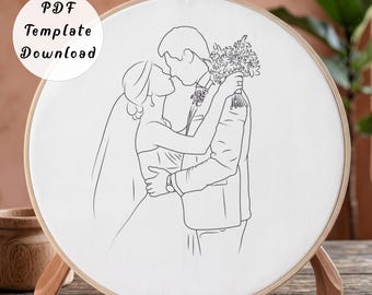 Wedding Couple Hand Embroidery Pattern, Bride and Groom Kiss Line Art Design for Beginner, DIY Anniversary Bridal Shower Hoop Art Gift