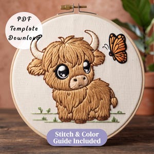 May include: An embroidery hoop containing a fabric panel with a stitched illustration of a brown Highland calf and an orange butterfly. The text PDF Template Download and Stitch & Color Guide Included is visible on the image.