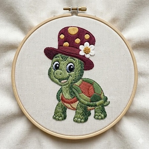 Dapper Turtle Hand Embroidery Pattern PDF – Turtle With Hat Hand Embroidery DIY