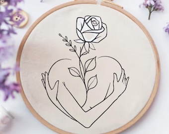 Self Love Heart Hand Embroidery Pattern, Minimalist Rose Flower Line Art Design for Beginner, DIY Mental Health Self Care Hoop Art Gift