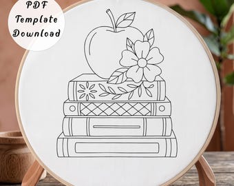 Apple Books Hand Embroidery Pattern, Minimalist School Bookstack Line Art Design for Beginner, DIY Back to School Floral Hoop Art Decor Gift