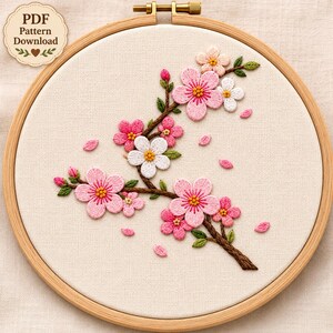 Schema per ricamo a mano con fiori di ciliegio / Download immediato in PDF / Tutorial con ramo di ciliegio / Ricamo floreale rosa su cerchio, regalo per il giardino primaverile