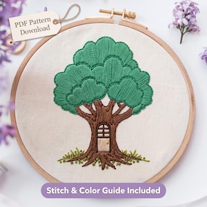 Fairy Treehouse Green Oak Tree Embroidery Pattern PDF | Whimsical Door & Canopy Hoop Art | DIY Woodland Cottage Stitch Template Beginner