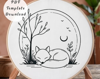 Sleeping Fox Hand Embroidery Pattern, Minimalist Celestial Woodland Night Line Art Design for Beginner, DIY Nature Landscape Hoop Art Gift