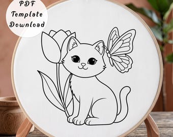 Cute Kitten with Tulip Hand Embroidery Pattern, Minimalist Cartoon Cat Butterfly Line Art Design for Beginner, DIY Nursery Flower Hoop Art