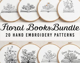 Floral Books Hand Embroidery Pattern Bundle, Books Digital Download PDF Files, Book and Flowers Embroidery Designs Bundle