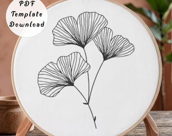 Ginkgo Leaf Hand Embroidery Pattern / Instant Download Tutorial / Minimalist Botanical Design/ Ginkgo Biloba Hoop Art Modern Plant Line Art
