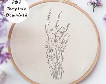 Wildflower Hand Embroidery Pattern, Minimalist Floral Embroidery Design, Delicate Meadow Needlework, Botanical Flower Stem PDF