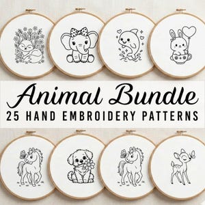 May include: A collection of eight embroidery hoops with black and white animal designs, including a fox, elephant, dolphin, bunny, horse, puppy, and deer. The text "Animal Bundle" and "25 Hand Embroidery Patterns" are displayed in the center.