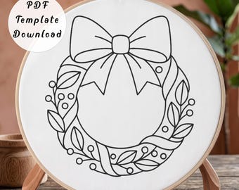 Christmas Wreath Hand Embroidery Pattern, Minimalist Holiday Bow Line Art Design for Beginner, DIY Festive Winter Berry Hoop Art Decor Gift